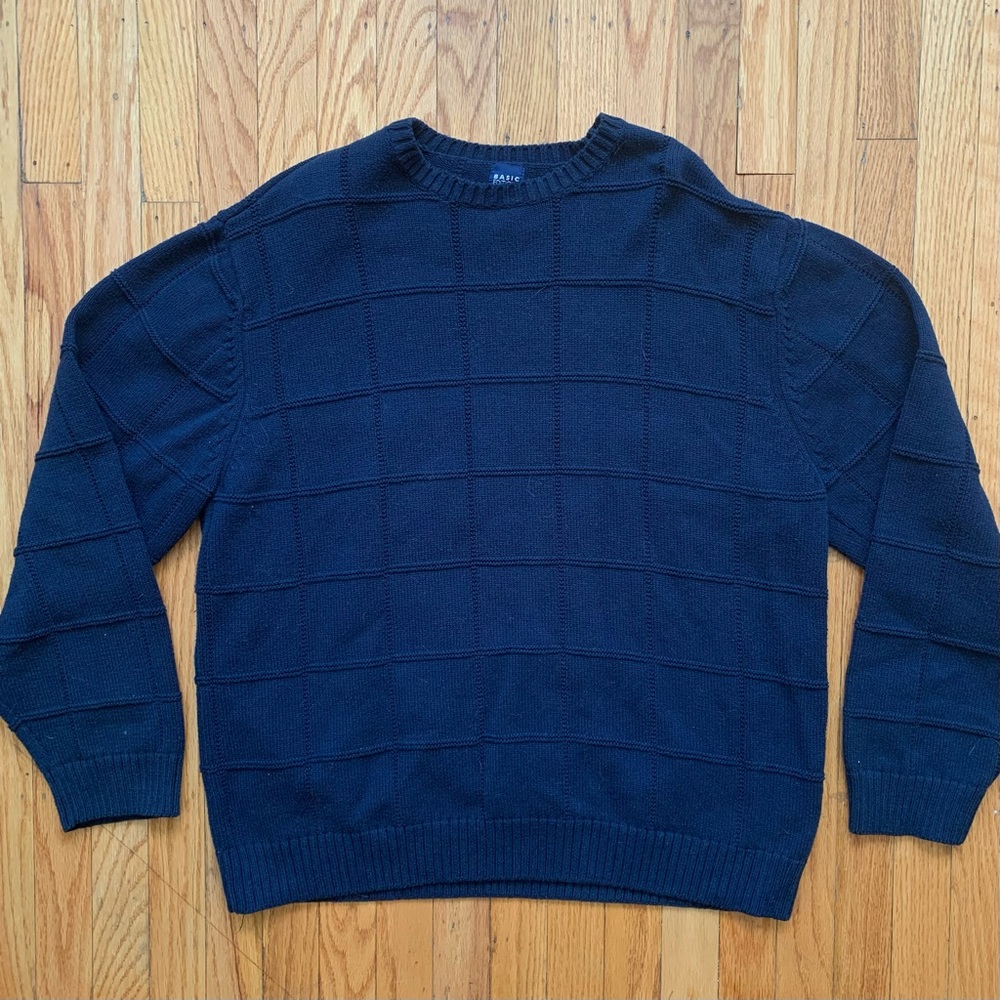 Basic Editions Navy Monochrome Plaid Embroidered Sweater